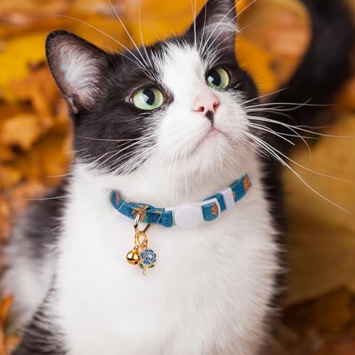 2 Pack Cotton Cat Collar Blue and Black Rose Cute Kitten Cat Collar | Breakaway Breathable Soft material With cute pendants with Bell - color: Blue Rose&Black Rose