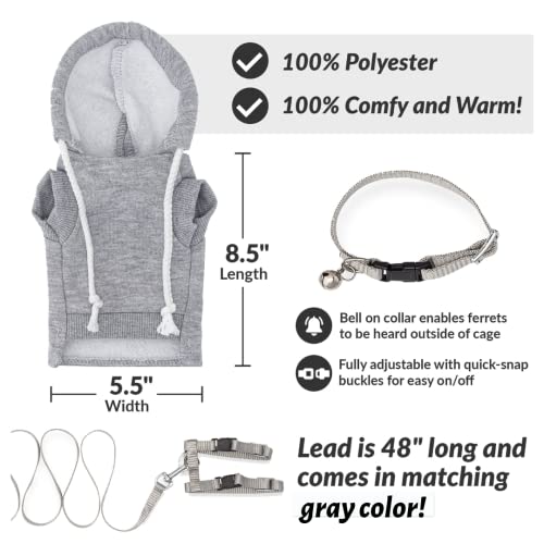 Gray Ferret Sweater, Harness, and Leash Set - Clothes for Small Pets - Ferret Stuff and Accessories - Hoodies for Ferrets - Small Pet Accessories