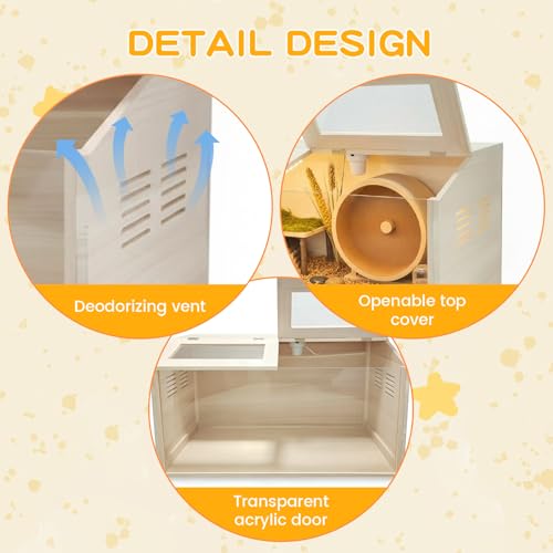 Wooden Hamster Cage Chewproof, Large Hamster Cages and Habitats, Small Animal Habitat with with Double Openable Acrylic Sheet Doors for Gerbil, Degus Mice, Guinea Pig, Rat& Other Small Pets（32in）