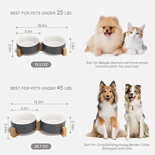 SPUNKYJUNKY Ceramic Dog and Cat Bowl Set with Wooden Stand, Modern Cute Weighted Food Water Set for Small Size Dogs (13.5OZ) & Medium Sized Dogs (28.7OZ) & Cats (1.7 Cups, 2 × White-Gray) - color: White-Grey × 2, size: 1.7 cups