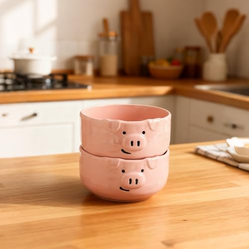 Pig Shaped Ceramic Bowl Set, Pink, 2-Piece | 40 oz Capacity, 6.4 Inch Size, Ramen, Soup, Salad, Cereal and Pasta - size: 40 oz