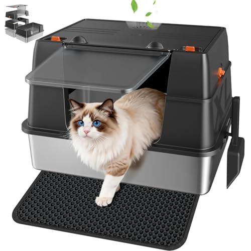 Stainless Steel Litter Box with Lid, High Sided Enclosed Metal Litter Box for Big Cats, Easy Cleaning Anti-Urine Leakage, Non-Sticky Cat Box, Front Entry Top Exit KittyBox, Includes Mat & Scoop