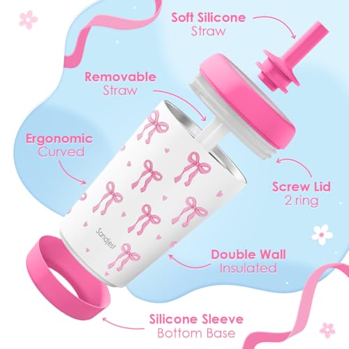 SANDJEST Kids nsulated Stainless Steel Tumbler with Silicone Straw, 12 Ounces, Pack of 2 for Boys, Birthday Back to School (Bow + Strawberry) - color: Bow + Strawberry