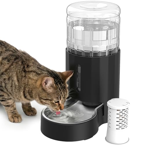 JUNSPOW Cat Water Dispenser with Filter and Stainless Steel Bowl (4L Black) | Automatic Gravity Water Dispenser for Cats or Small Medium Size Dogs, Large Capacity, Easy to Clean - color: Black, size: 4L + Filter