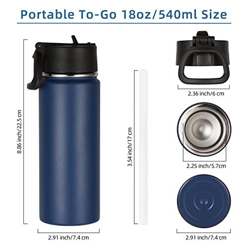 Volhoply 18oz Kids Insulated Water Bottle,Stainless Steel Water Bottles with Straw Lid,Double Wall Vacuum Reusable Metal Water Bottle,Wide Mouth Sports Travel Flask For Cold Drink(Navy,1 Set) - color: Navy