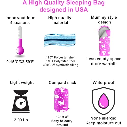 KidzAdventure Mummy Style 32 – 59F Kids Sleeping Bag with Pillow Sleeve, 4 Season, Lightweight and Backpacking Style, Ideal for Camping, Sleepover, Boys, Girls, and Youth - color: Pink youth up to 5'7"