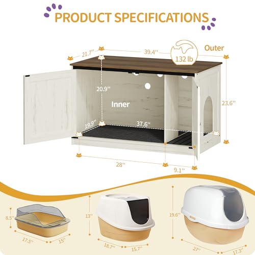 Hzuaneri Cat Litter Box Enclosure, Hidden Litter Box Furniture with Divider | Wooden Cat Cabinet with Removable Dividers, Reversible Entrance Left or Right Side, Cat Washroom, Rustic White Brown CB84714X - color: Rustic White and Brown, size: 39.4"L x 21.