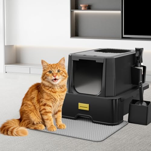 RIZZARI Large Covered Litter Box Indoor: Drawer Tray Top Exit Odor Spray | 304 Stainless Steel Pan / Pull-Out Cleaning Drawer / Textured Lid Anti-Tracking / Front Door & Top Hole / Modern Home Design - color: Carbon black