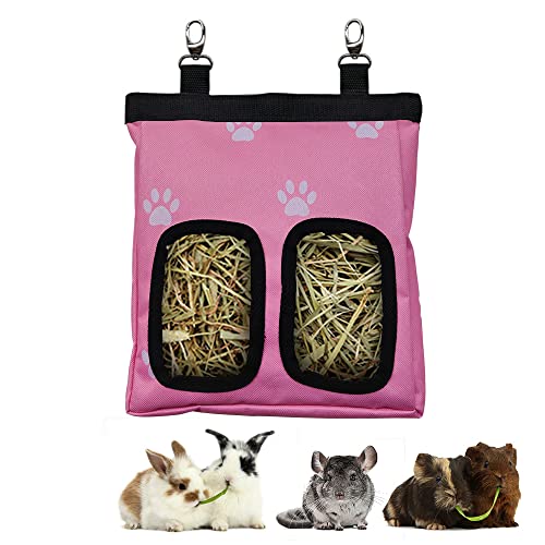 RIOUSSI Guinea Pig Hay Feeder, Hanging Rabbit Hay Feeder Bag. Pink Paws | Upgraded Double Layer Fabric | Bite Resistant | Cleaner Hay & Less Mess | Small Animal Hay Holder for Bunnies & Chinchillas - color: Pinkpaws