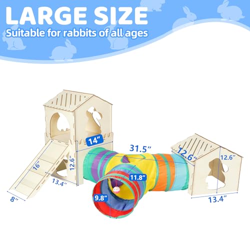 Extra Large Sturdy Rabbit Hideout with 3 Way Tunnels, Wooden Bunny Castle with Stairs, Rabbit Hideout Castle Tower Toys for Indoor Outdoor Play - color: -Natural -01
