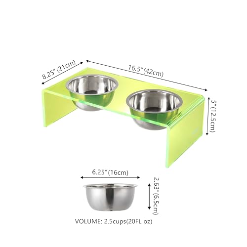 DBL2000G Keaton 5" Small/Medium Modern Acrylic Rectangular Elevated Pet Feeder with 20oz 2-Stainless Steel Bowls, Green/Chrome - color: Green/Chrome, size: 20 Ounces (5" Cups 2-Pack)