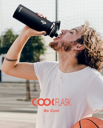 Coolflask 40 oz Water Bottle Insulated with Straw & 3 Leakproof Lids | Water Flask Stainless Steel Triple-Wall Vacuum,Cold 48+h,Dishwasher Safe,Wide Mouth, BPA-Free,Carrier Bag,for Gym,Hiking - color: Magic Black, size: 40 Ounces