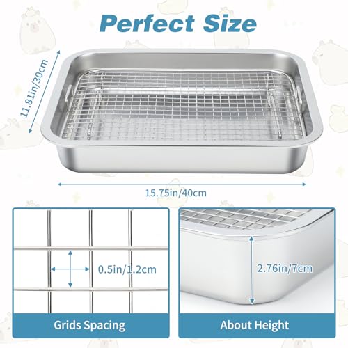 FHTONGE Stainless Steel Guinea Pig Litter Box, Removable Sifting Large Grid | Odor Control, Easily Clean, Low Entry, Metal Small Animal Litter Pan Train Tray for Bunny Hamster Chinchilla Hedgehog Rodent - size: 15.8x11.8x2.8"(40x30x7cm)