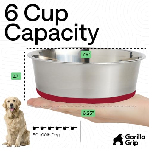 GORILLA GRIP Dog Bowl, Holds 6 Cups (48 fl oz), Food Grade 304 Stainless Steel Food and Water Bowl for Feeding Dogs and Cats, BPA Free Rubber Base, Easy Clean, Dishwasher Safe, Rust Resistant, Red - color: Red, size: 6 Cup (48 Oz)