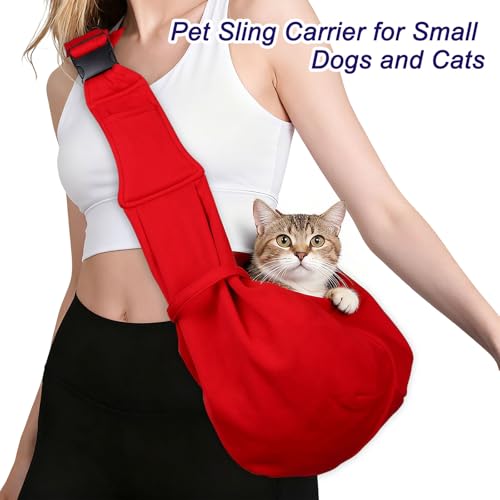 Dog and Cat Sling Carrier Up to 16.5 Lbs, Hand-Free Reversible Pet Sling Carrier with Adjustable Strap and Pocket, (Red, 1 Pcs) Intended for Hiking/Camping/Traveling - color: Red