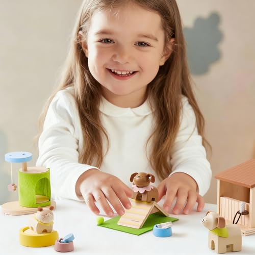 Tiny Land Wooden Dollhouse Animal Set for Toddlers, Dollhouse Accessories | Dolls House Furniture Sets for Toddlers, Montessori Pretend Play Family Pets Set Toys, Gift for Kids Age 3+