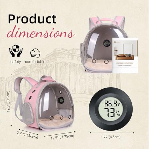 Reptile Travel Backpack Carrier with Reptile Thermometer and Humidity Gauge & Harness Leash Lizard Travel Cage Space Capsule Clear Bubble Window Astronaut Bearded Dragon Bag for Ball Python - color: Pink