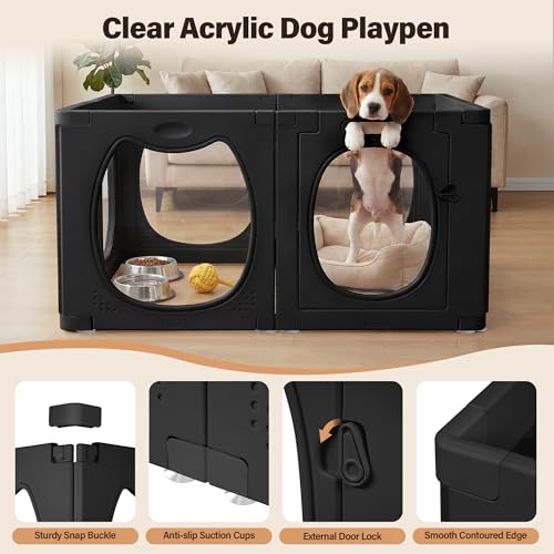 Clear PET Dog Playpen Indoor, 8-Panel Heavy-Duty Transparent Puppy Playpen, Modular Pet Fence Enclosure for Small Medium Dogs, Easy to Assemble (Black, 24 Inch H, 8 Panels) - color: Black