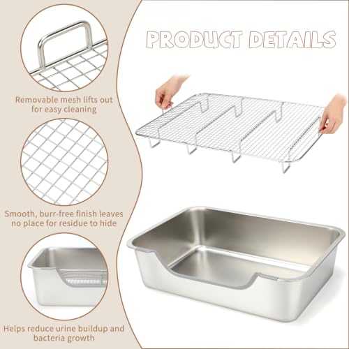 BWOGUE Large Stainless Steel Rabbit Litter Box, High-Sided Bunny Litter Box | Extra Large Rabbit Litter Box, Raised Grid for Waste Separation, Hay Feeder, Easy-Clean Metal Tray, Small Animals - size: XL:23.6in ×15.7in × 5.9inches