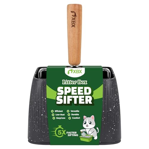 XBX Cat Litter Scoop with Holder, Heavy Duty Litter Sifter, Stainless Steel Litter Shovel, Litter Scooper with Beech Wood Grip and Washable Stand, Perfect for Cat Litter Box Cleaning
