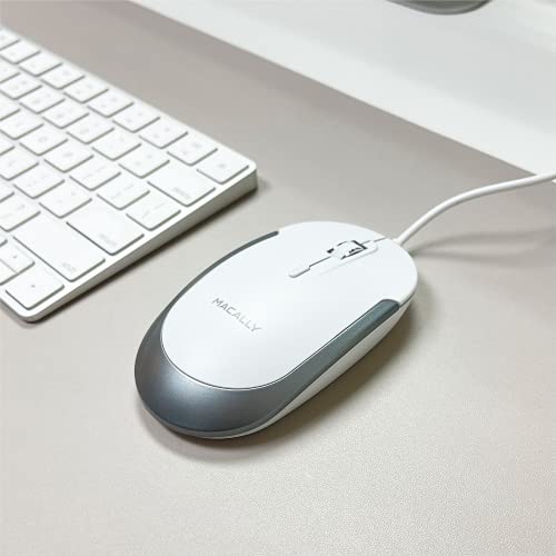 Macally Silent Wired Mouse - Slim & Compact USB Mouse for Apple Mac or Windows PC Laptop/Desktop - Designed with Optical Sensor & DPI Switch - Simple & Comfortable Wired Computer Mouse (White) - color: White with Silver Trim