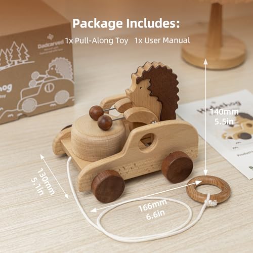 Hedgehog Pull Toy | Montessori Wooden Pull-Along Walking Toy with Wooden Grip Ring | Natural Drumming Sound for Kid Toddlers