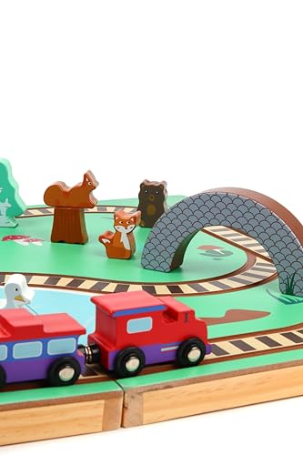 Imagine & Play Nature Explorer – 17 Piece Wooden Train Set with Foldable Carrying Board, Forest Animals & Bridge – Toddler Toys, Train Toys, Toys for Kids Boys & Girls 3+, Gifts for 3 Year Old Boys