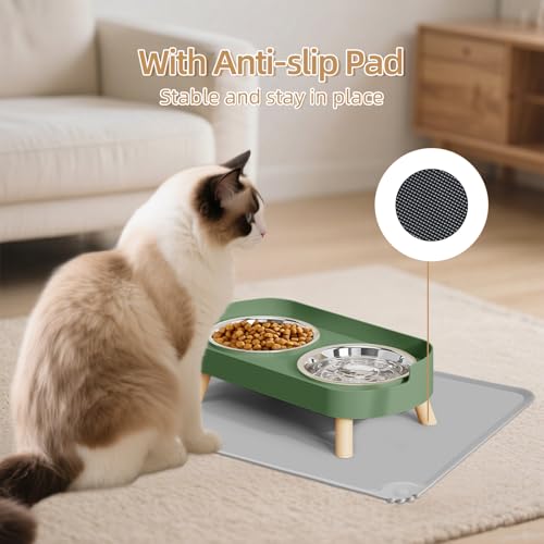 Elevated Cat Bowl with Food Mat, Raised Cat Food and Water Bowl Set for Indoor Cats, Splash Proof with 2 Stainless Steel Pet Food Bowls for Cats and Puppies,Whisker Fatigue and Dishwasher Safe (Green) - color: Cat Bowls with mat - green