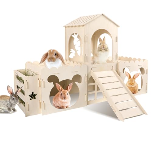 Extra Large Rabbit Castle, Wooden Bunny House & Hay Feeder, Detachable Rabbit Hideaway, Indoor Rabbit Castle with Ramp, Small Animal Houses & Habitats - size: Extra Large-4 House