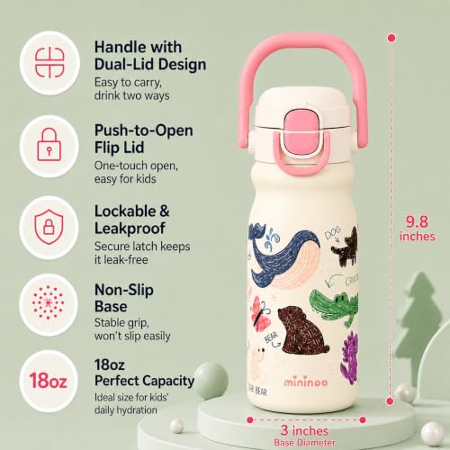 18oz Insulated Stainless Steel Kids Water Bottle for School, Animal | 2-in-1 Straw & Spout Lid, Leak-Proof, BPA-Free, for Girls & Boys, White - color: 18oz White-Animal