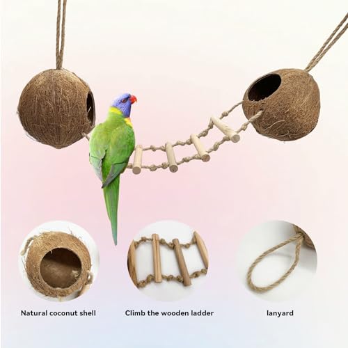 Bird Coconut Hides Nest with Ladder Parrot Cage Hanging Natural Coco Shell Hut Hide Toy with Wooden Bridge Hollow Hideaway Toys for Parakeet Lovebird Finch Canary 2PCS - size: 2PCS 22.04*13.38in