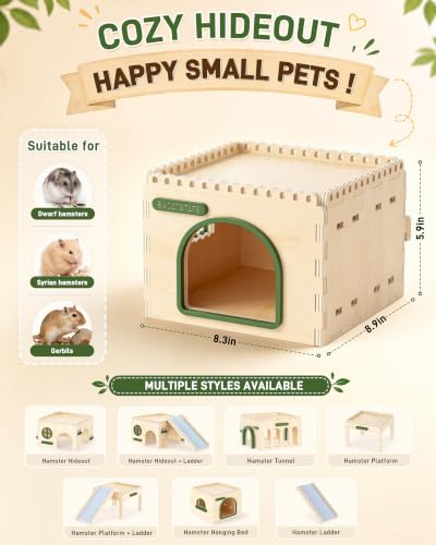 BUCATSTATE Natural Wood Hamster Hideout Castle, Easy-Assemble & Breathable | Multi-channel hideaway, waterproof sturdy wood cage play hut for Syrian Dwarf Hamsters, Gerbils & Mice.