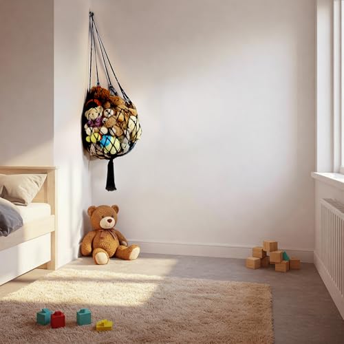 Amdermi Stuffed Animal Storage Hammock Corner Hanging Net Stuffy Animal Hammock Macrame Toy Display Plush Toy Holder for Kid Bedroom Decor Boho Nursery Playroom Organizer (Black) - color: Black