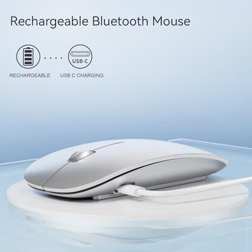 TENMOS M18 Bluetooth Mouse, USB C Rechargeable Wireless Mouse,Silent-Silver | Tri-Mode BT5.1/5.0+2.4G, Quiet Click, Portable, Battery Level Visible, USB Receiver,Type C Adapter, for Laptop/Macbook/iPad - color: silver