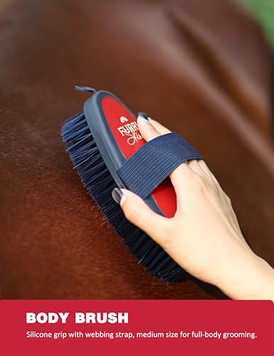 Horse Grooming Kit, 9 Piece Grooming Brush Set with Silicone Curry Comb for Bathing & Shedding Shadowberry - color: Shadowberry