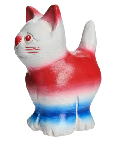 Hand Carved Wooden Cat Figurine, Handmade Cat Statue, Rustic Farmhouse Home Decor, Wooden Animal Sculpture, Unique Gift for Cat Lovers (Vingtage White/Red/Blue Cat) - color: Vingtage White/Red/Blue Cat