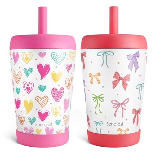 SANDJEST Kids nsulated Stainless Steel Tumbler with Silicone Straw, 12 Ounces, Pack of 2 for Boys, Birthday Back to School (Heart + Bow) - color: Heart + Bow