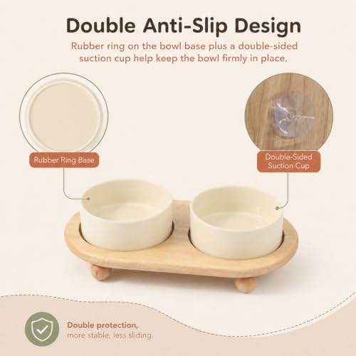 Havniva Raised Cat Bowl 5.1” Elevated Ceramic Cat Food and Water Bowl Set | Cat Bowls Elevated, Whisker Friendly Cat Bowl, Non-Slip Wood Stand, Food-Grade Ceramic, Wide Opening, Dishwasher Safe - color: 2 x Bowl + Stand - Light Yellow, size: 5.1inch