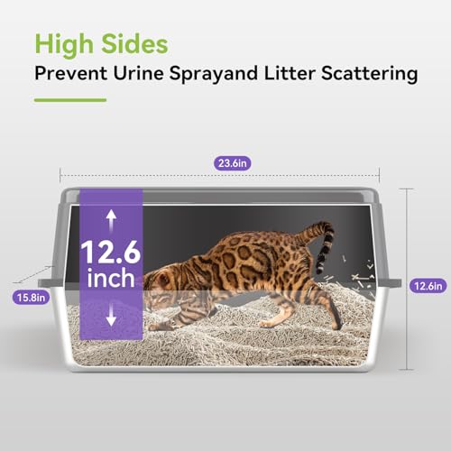 Stainless Steel Cat Litter Box, Free Metal Litter Box with High Sides Lid, Open Top Litter Pan Include Scoop - color: Warm Grey XXL