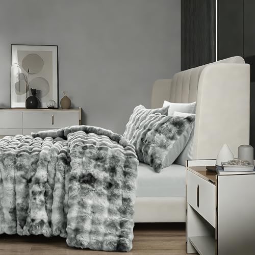 Fredsure Faux Rabbit Fur Comforter Set, 3 Pieces Tie Dye Grey King, Faux Rabbit Fur Face and Microfiber Reverse - color: Tie Dye Grey, size: King