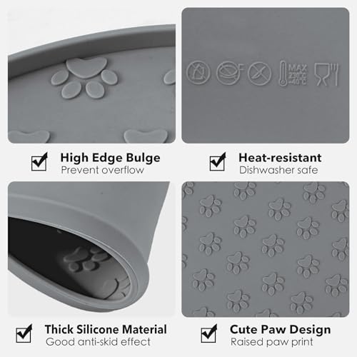 Silicone Pet Food Mat - Waterproof Dog Food Bowl Mat Cat Feeding Mat Thicker Pet Placemat Eating Mat with High Lip to Prevent Spills, Dog & Cat Water Bowl Mat for Messy Drinkers to Protect Floors，Gray - color: Grey