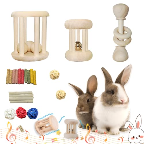 QWR 23 PCS Natural Wooden Rabbit Toys,Safe Bunny Chew Toys for Teeth,Grass Timothy Sticks,Sweet Bamboo,Guinea Pigs Teeth Grinding Toys for Chinchillas, Hamsters & Small Animals - Indoor & Outdoor - size: 23PCS