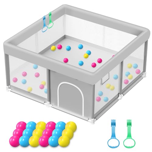 Baby Playpen with Balls and Pull Rings, 50x50 Inch Playpen for Babies and Toddlers Baby Playpen Fence Playard Activity Center, Without MAT Included - color: Grey + Ball, size: 50x50 Inch
