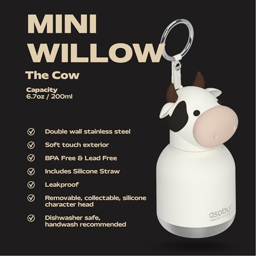 asobu Mini Bestie Water Bottle, Cute Collectible Character, Stainless Steel | 6.7 oz, Leak Proof Seal, Spill Resistant, BPA Free Materials, Dishwasher Safe, Reusable Straw Included, Great Gift Idea - color: MINI WILLOW THE COW