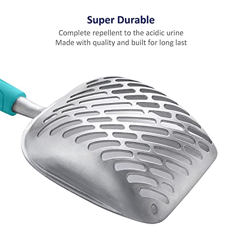 Cat Litter Scoop, Aluminum Alloy Sifter, Kitty Metal Scooper, Deep Shovel with Diagonal Sifting Hole, Long Handle, Kitten Poop Lifter for Litter Box, Medium Size, Turkish Blue Handle - color: #02 Turkish Blue, size: Medium