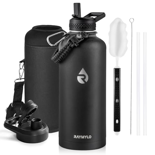 RAYMYLO Insulated Water Bottle 87 oz, Triple Wall Vacuum Stainless Steel | (Cold for 48 Hrs), Leak Proof & Non-BPA, Modern Water Flask Jug with Paracord Handle & Straw Spout Lids - color: Magic Black, size: 87 Ounces