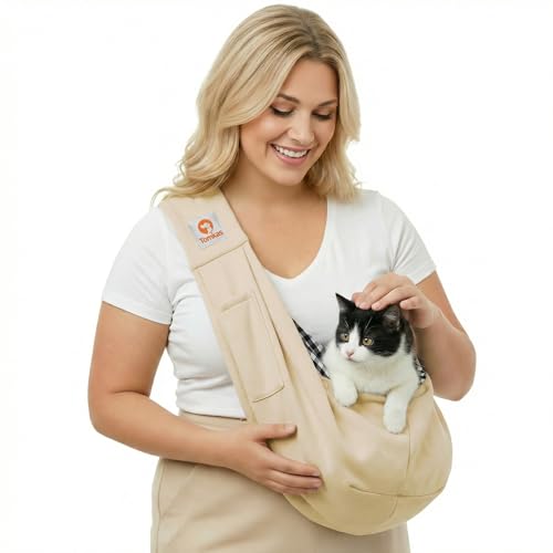 Tomkas Small Dog Cat Sling Carrier Puppy Purse Travel Wrap Soft Crossbody Pet Bag (Cream, M - Classic Pocket & Classic Strap) - color: Cream
