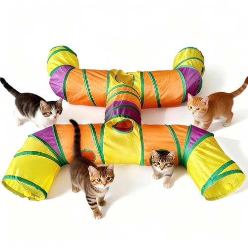 Cat Tunnels for Indoor Cats, Cat Tunnel with Plush Ball, Kitten Tunnel Collapsible, Cat Play Tunnel with Interactive Peephole for Large Cat, Puppy, Kitten (Colorful-4 Way) - color: Colorful-4 Way