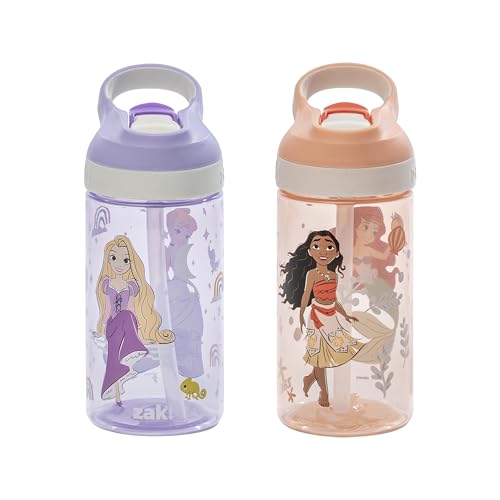 Zak Designs Disney Princess Atlantic Kids Water Bottle For School or Travel, 16oz Durable Plastic Water Bottle With Straw, Handle, Leak-Proof Spout Cover, 2-Pack (Ariel, Cinderella, Moana, Rapunzel) - color: Disney Princess (Ariel, Cinderella, Moana, Rapu
