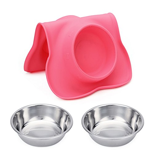Hubulk Pet Dog Bowls 2 Stainless Steel Dog Bowl with No Spill Non-Skid Silicone Mat + Pet Food Scoop Water and Food Feeder Bowls for Feeding Small Medium Large Dogs Cats Puppies (S, Pink) - color: Pink, size: Small